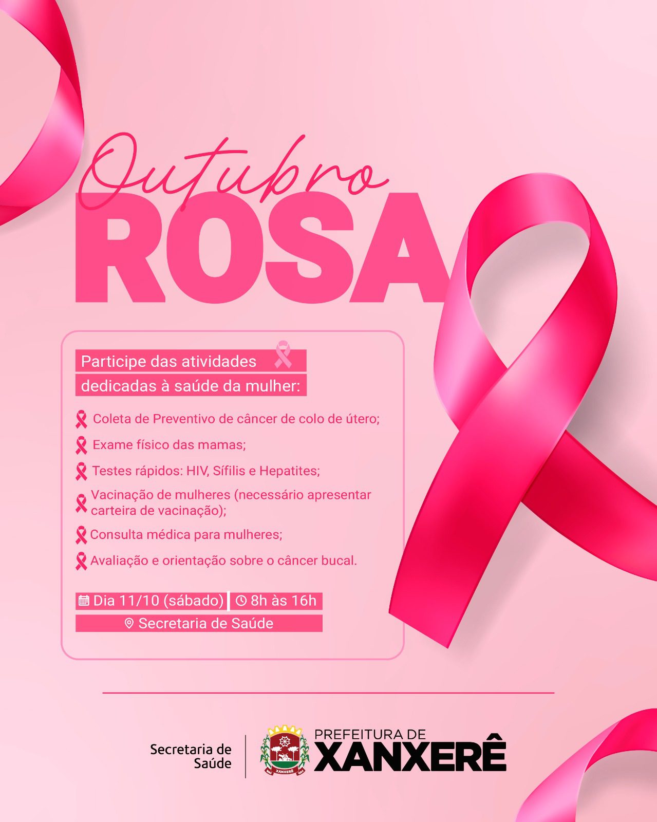 Secretaria de Saúde promove ação do Outubro Rosa em Xanxerê, com atendimentos gratuitos