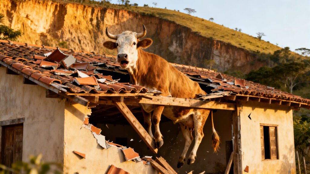 boi caido no telhado, metade para cima e metade para dentro da casa.