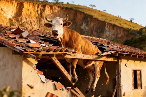 boi caido no telhado, metade para cima e metade para dentro da casa.