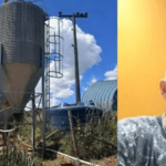 Imagem de silo e homem tomando chimarrão