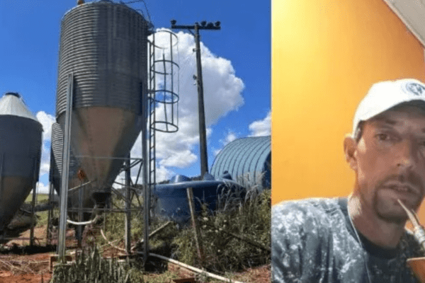 Imagem de silo e homem tomando chimarrão