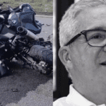 Montagem com moto destruída após acidente e foto do empresário Márcio Vaccaro