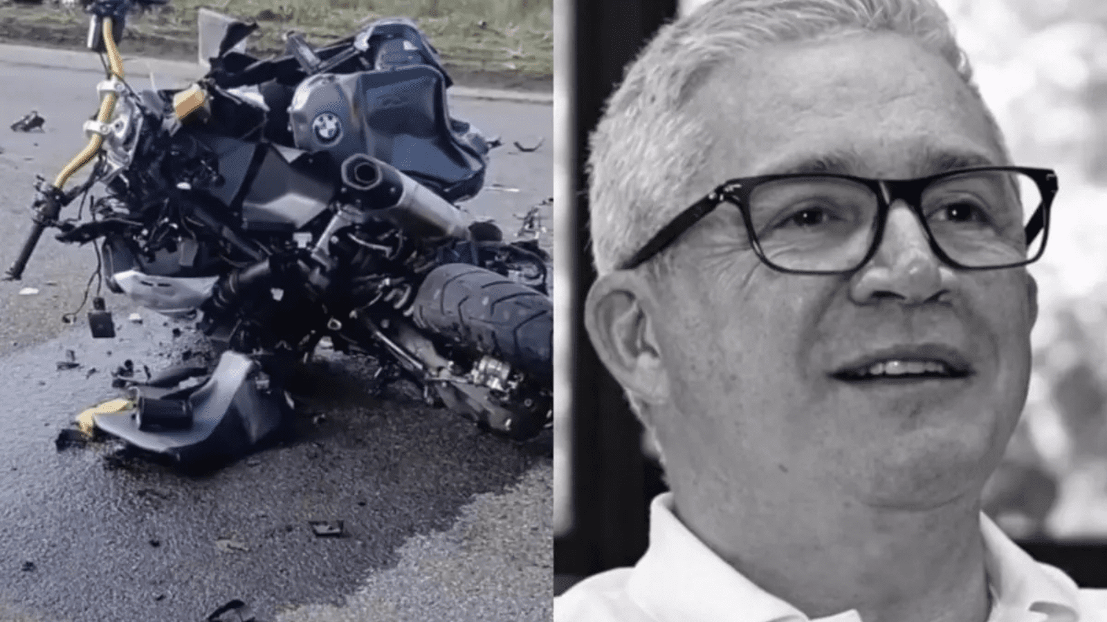 Montagem com moto destruída após acidente e foto do empresário Márcio Vaccaro