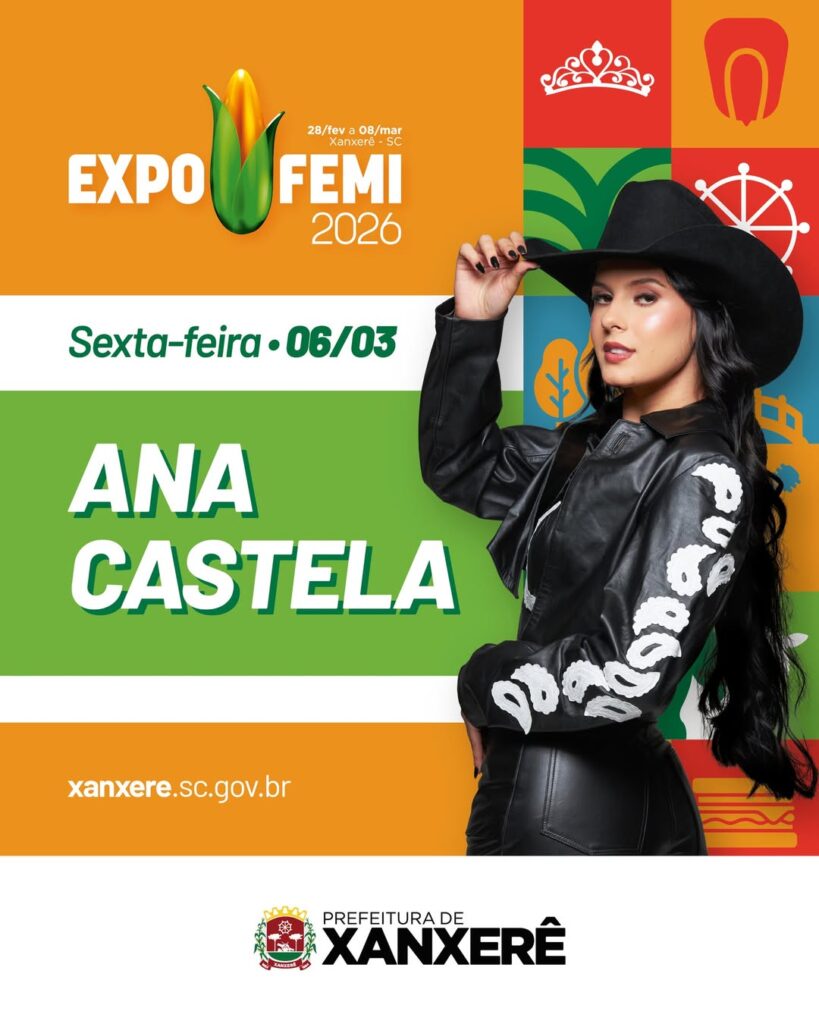 Banner da ExpoFemi com informações do show de Ana Castela dia 06/03
