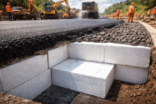 Imagem de rodovia com massa asfáltica e abaixo blocos retangulares de isopor