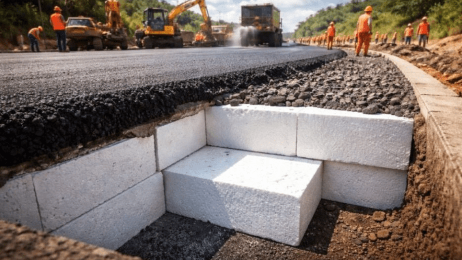 Imagem de rodovia com massa asfáltica e abaixo blocos retangulares de isopor
