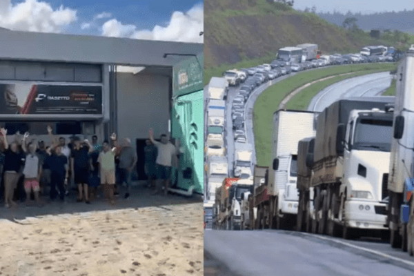 Imagem mista, de um lado foto de vários pessoas com as mão erguidas e do outro uma rodovia com engarrafamento