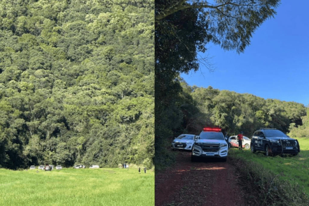 Imagem do morro e da mata onde foi encontrado o corpo da bebê de 1 ano e 9 meses morta pelo pai com viaturas a frente