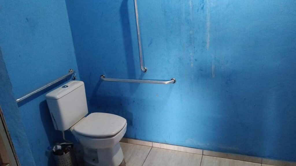 Imagem da privada de um banheiro com paredes azuis