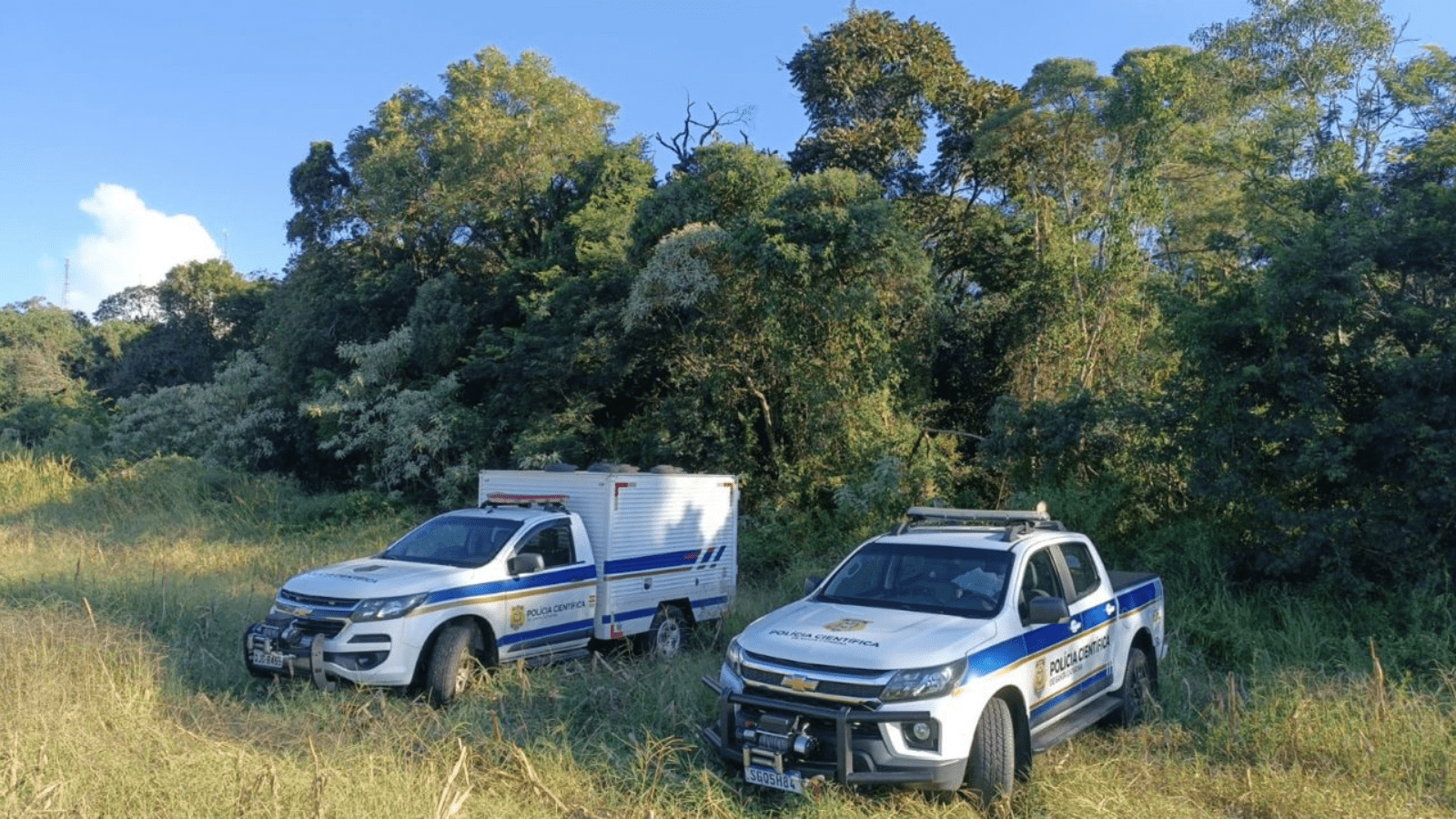 Imagem de 2 veículos da Polícia Científica em área de mata