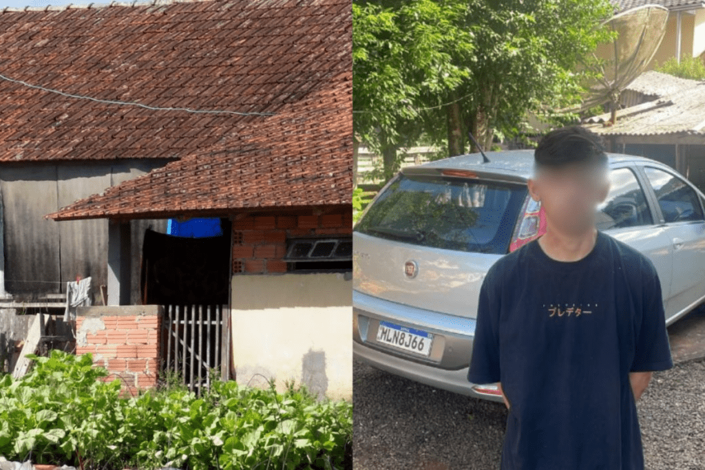 Foto de um lado casa simples de tijolos a vista e no outro lado um jovem com rosto borrado e um veículo atrás. Acusado de feminicídio em Canoinhas.