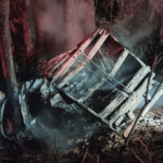 Imagem de caminhonete caída em ribanceira totalmente queimada.