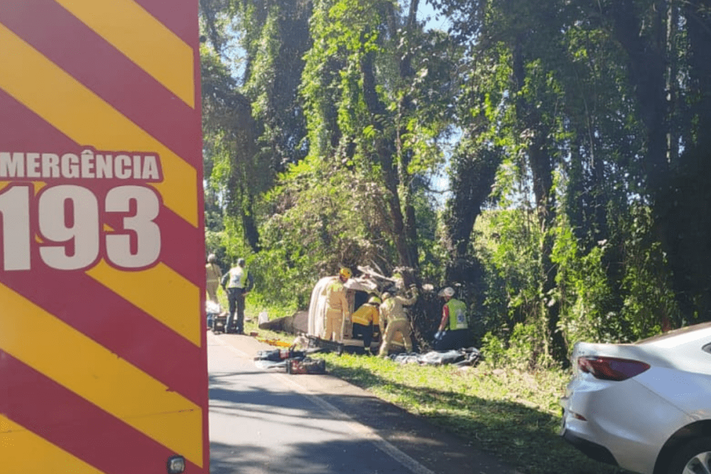 Socorristas em atendimento ao acidente com veículo da Saúde de São Bernardino