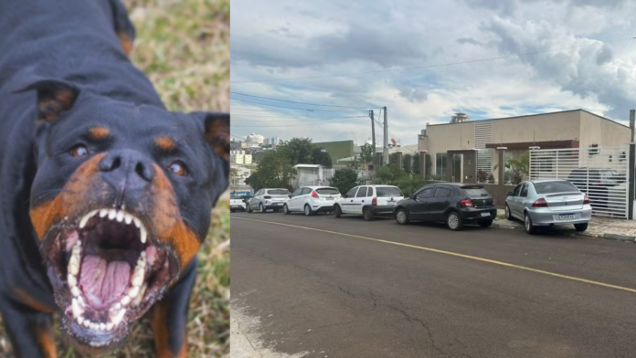 De um lado da foto um rottweiler mostrando os dentes e do outro rua onde o menino de 4 anos foi atacado