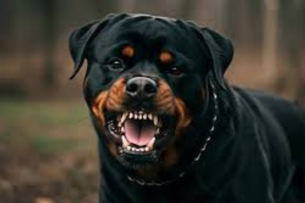 Cão Rottweiler com cara de braco mostrando os dentes.
