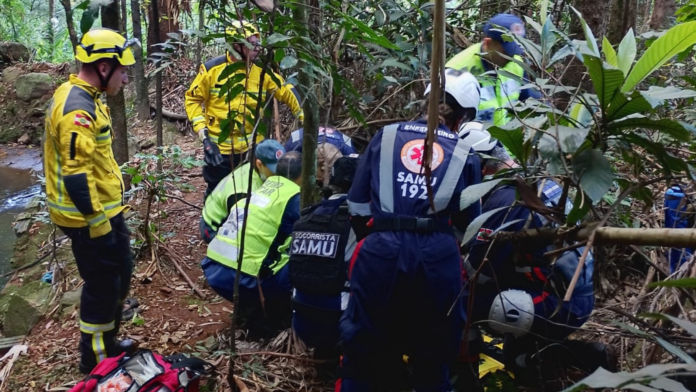 Bombeiros em meio a mata em resgate á homem que caiu de pedreira em Xanxerê