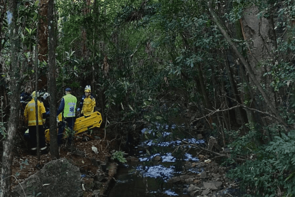 Bombeiros em meio a mata em resgate á homem que caiu de pedreira em Xanxerê.