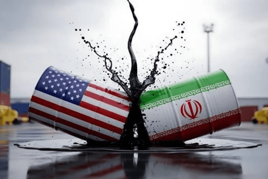 Imagem de um barril de petróleo pintado com bandeira dos EUA e outro com a bandeira do Irã