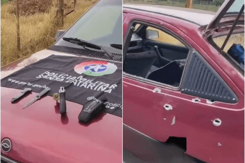 Chevrolet Kadett, vermelho, com armas sobre o capô.