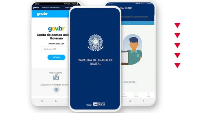 Celulares com o App Carteira de Trabalho aberto na tela.