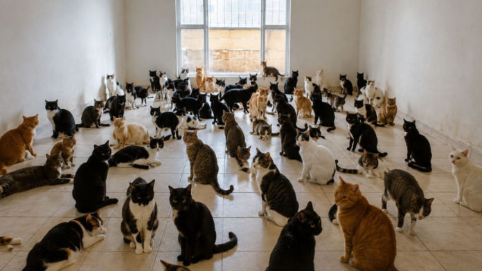 Sala sem móveis de apartamento com dezenas de gatos do caso de Concórdia