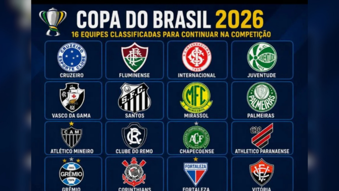 Brasão dos 16 clubes que seguem para as oitavas de final da Copa do Brasil