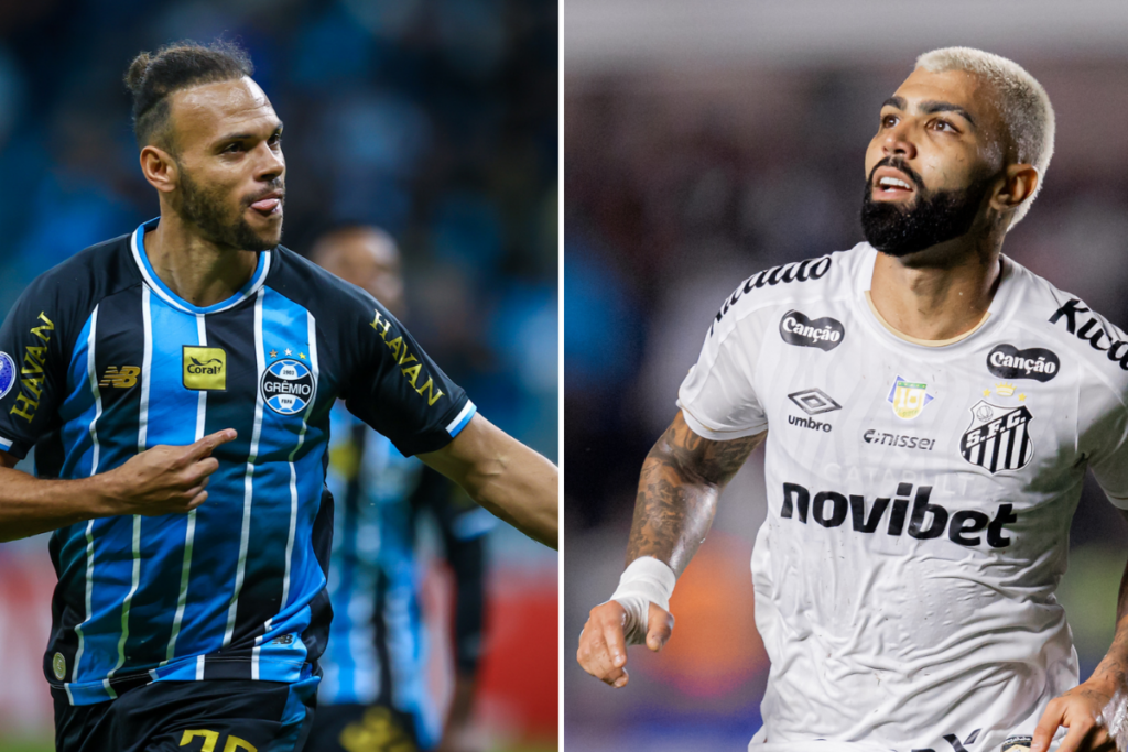 Jogador do Grêmio e na outra metade da imagem jogador do Santos