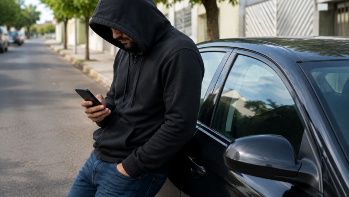 Homem de blsa preta e capuz encostado en um carro preto. Imagem criada por IA