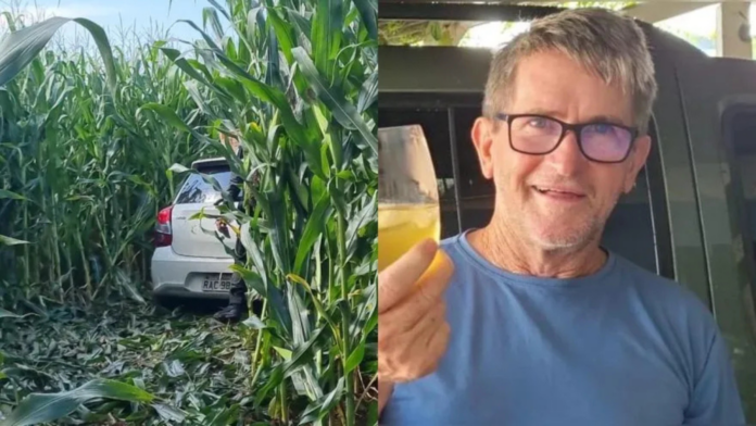 Veículo escondido em milharal e foto do idoso morto em Chapecó