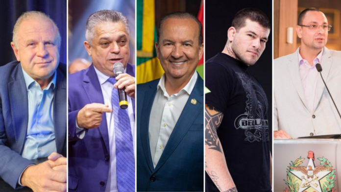 Foto fatiada com os candidatos ao governo de SC: Gelson Merísio (PSB), João Rodrigues (PSD), Jorginho Mello (PL), Marcelo Brigadeiro (Missão) e Ralf Zimmer (PRD).