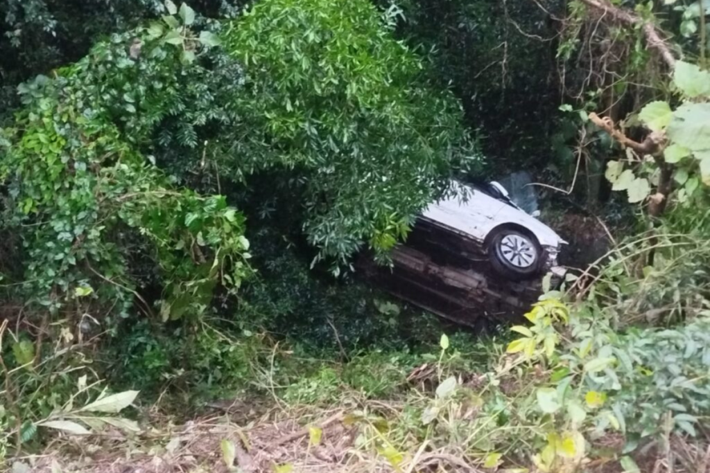 Veículo caído no fundo de uma ribanceira após acidente com moto em Maravilha na BR-282