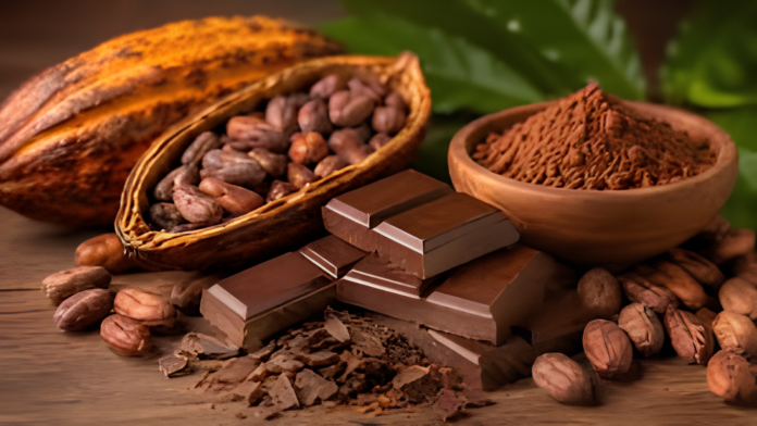 Chocolates, cacau cortado no meio e pote com cacau em pó.