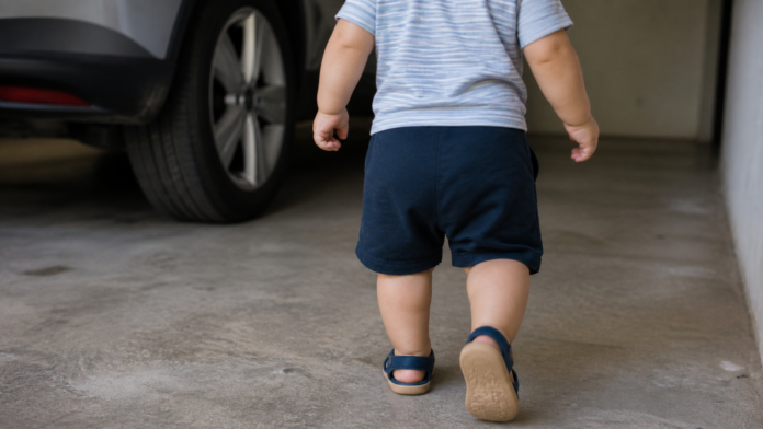 Imagem de IA mostra menino caminhando. Ao fundo as rodas de um carro. Não aparece a cabeça da criança.