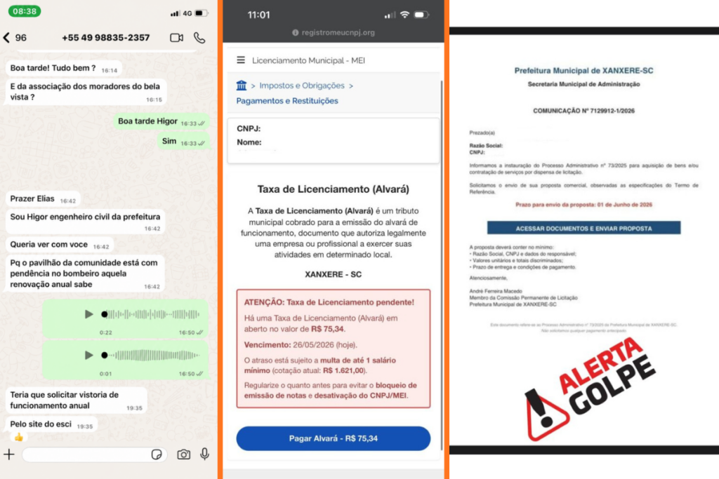 Imagem formada por 3 prints de celular com mensagens de golpistas se passando por funcionários da prefeitura de Xanxerê