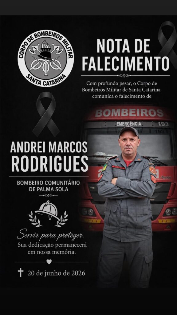 Nota de Falecimento dos Bombeiros, de Andrei Marcos Rodrigues, bombeiro morto a facadas em Palma Sola
