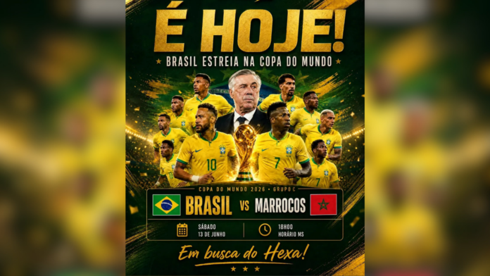 Banner informativo da estreia contra Marocos, com imagens do técnico e jogadores da seleção brasileira