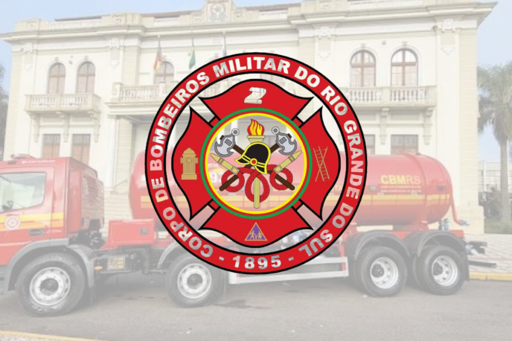 Logo do Corpo de Bombeiros do Rio Grande do Sul e ao fundo caminhão pipa dos bombeiros á frente do quartel