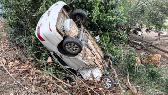 Veículo com as rodas para cima em uma ribanceira e pendurado em uma árvore