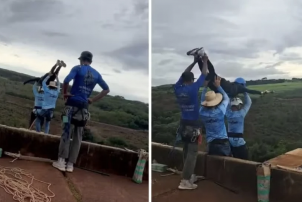 Três homens seguram Maria Eduarda Rodrigues de Freitas de 21 anos antes de jogá-la da ponte sem cordas causando a morte da jovem.