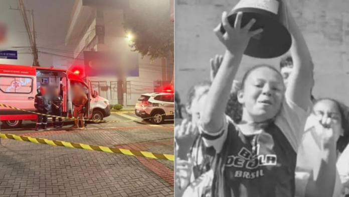 Imagem mesclada com foto de Patrícia Ribeiro segurando uma taça de futsal e ambulancias com bombeiros na outra metade