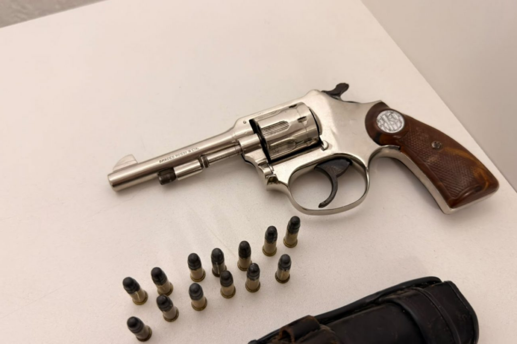 Revólver calibre 22 com várias munições ao lado