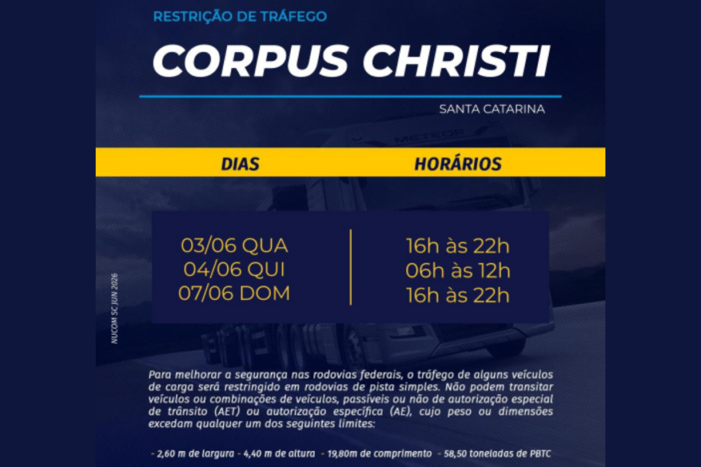 Banner informativo da PF sobre as restrições de tráfego de veículos durante o feriado de Corpus Christi