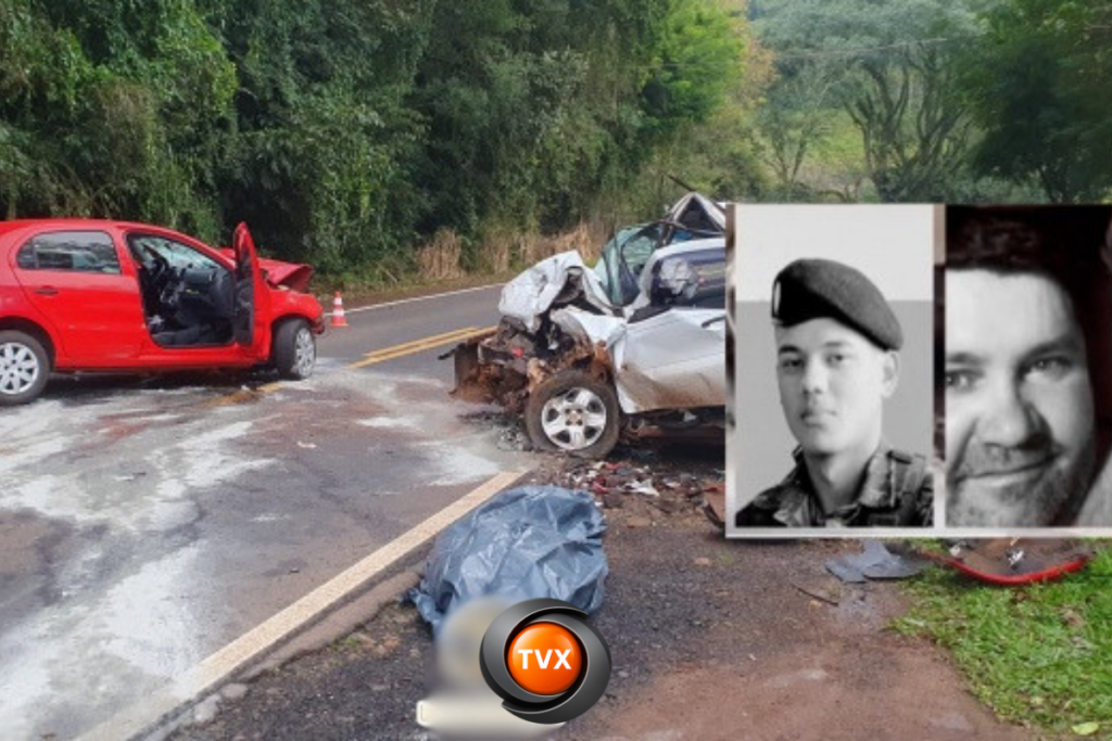 Rodovia com dois veículos destruídos após colisão frontal entre Saudades e Pinhalzinho e foto dos mortos no canto direito
